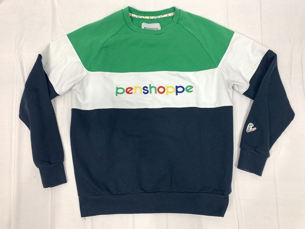 Penshoppe Sweatshirt Navy Green White Stripe Logo Long Sleeve Size S Rare!